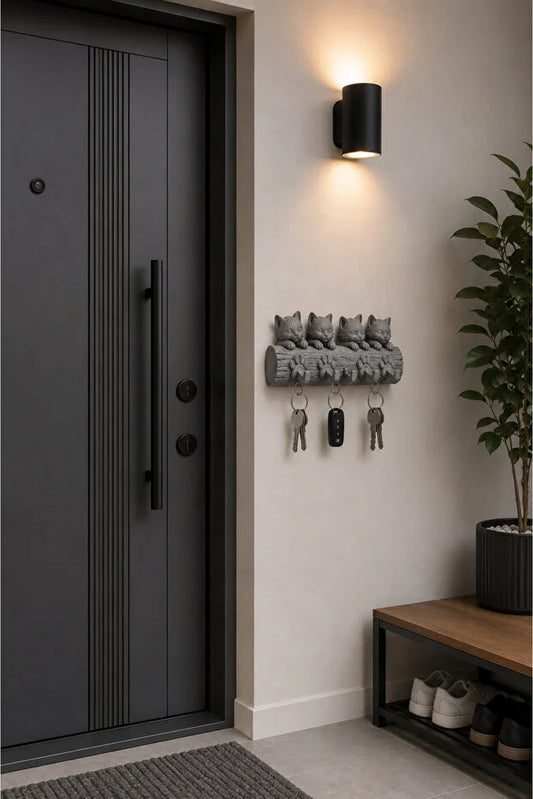 Log Wall Key Holder with Cat Figures - 4 Kittens and Paw Prints - Decorative Hanger Set