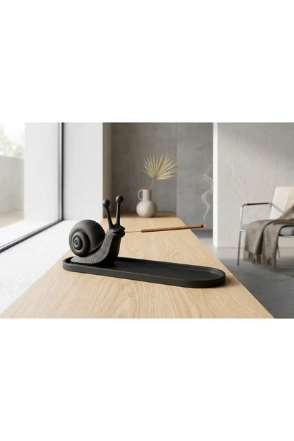 3D Salyangoz Figürlü Tütsülük Siyah Dekoratif Tütsü Tutucu Tepsili Modern Ev Dekoru